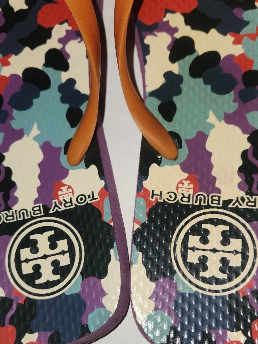 Tory Burch Orange-Strap Flip Flops with Multicolor Camouflage Footbed